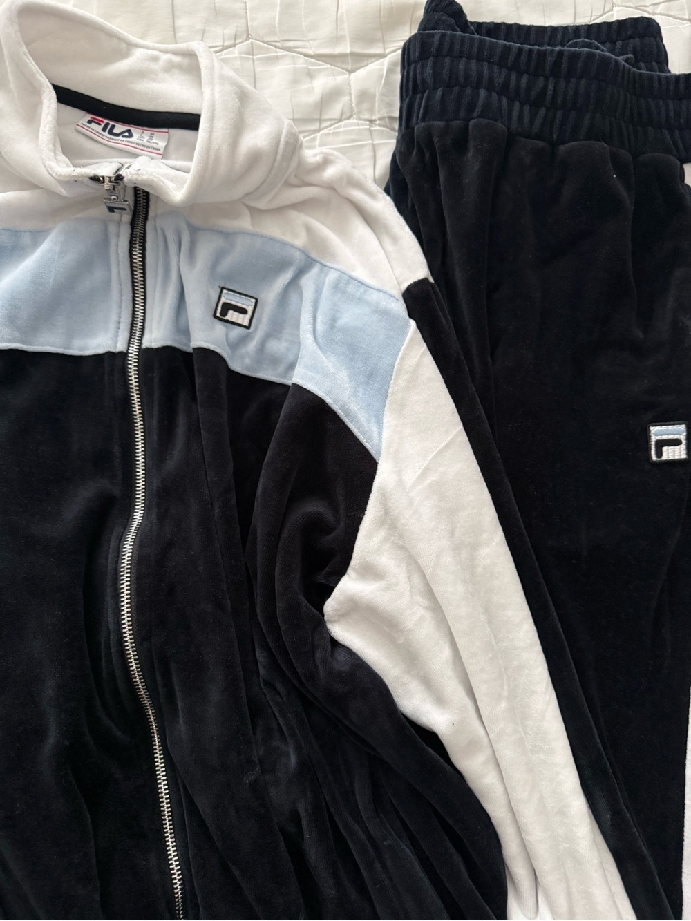 FILA Black White and Light Blue Velour Track Jacket & Pants